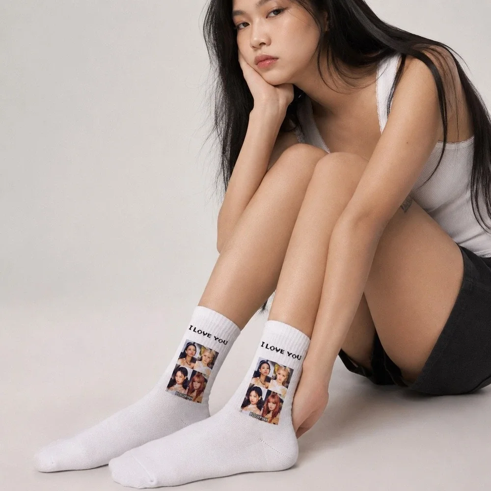 Blackpink Star Socks K-Pop Lisa Jennie Rose Jisoo White Crew Socks New I Love Yo
